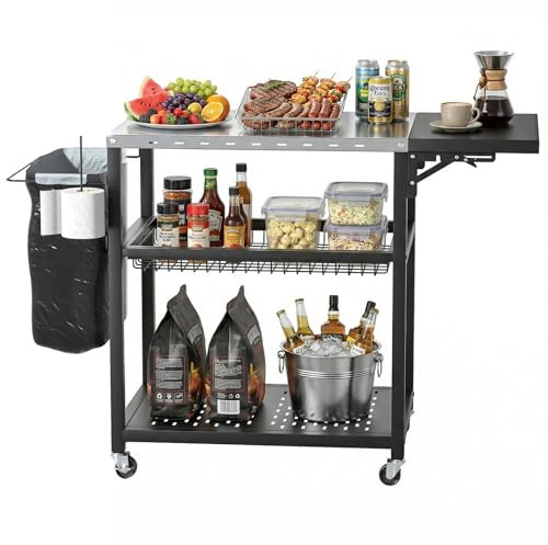 Skokliz Grillwagen beweglicher Servierwagen mit 3 Ebenen, klappbarem Beistelltisch und 360° schwenkbaren Rollen mit Bremse – Multifunktionaler Edelstahl Outdoor Grilltisch für BBQ und Garten