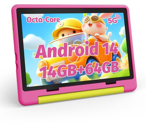 MUISOO Tablette pour Enfant 10 , Android 14, processeur Octa Core, écran HD 1280 x 800, Batterie 5000 mAh, 14 Go + 64 Go + 1 to TF, WiFi 6, BT5.0,5 MP + 8 MP, Double Appareil Photo Android, Pink