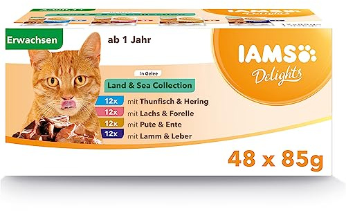 IAMS Delights Land & Sea Collection, Nassfutter für Katzen in Gelee, 48 x 85 g