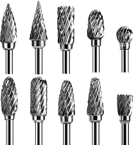 Double Cut Carbide Rotary Burr Set - 10 Pcs 1/8 Shank, 1/4 Head Length Tungsten Steel for Woodworking,Drilling, Metal Carving, Engraving, Polishing by Lukcase