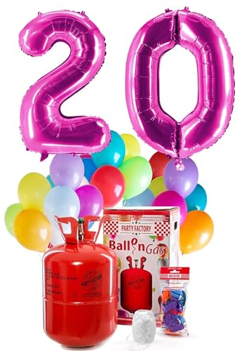 PARTY FACTORY Helium Geburtstags-Komplettset 20 - mit XXL Zahlenballons, 0,4m³ Ballongas, Ballonschnur & 30 bunten Latexballons - für Geburtstag, Jubiläum, Jahrestag in verschiedenen Farben (Pink)
