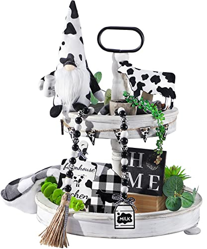 Charniol 12 Pcs Cow Tiered Tray Decor Set Cow Gnome Decorations for Home Rustic Farmhouse Wooden Table Decor Beaded Garland Wood Sign for Spring Summer Office Table Shelf