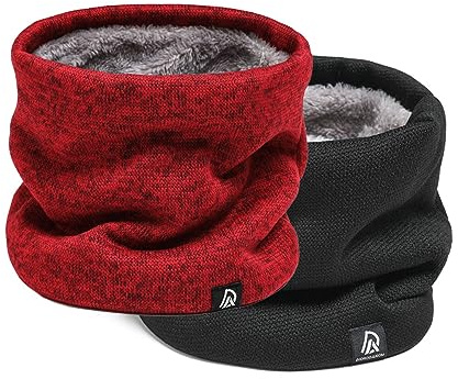 Rayson 2 Piezas Braga Cuello de Invierno Hombre Mujer, Bufanda Tubular de Lana y Punto, Calentador de Cuello con Forro de Felpa Grueso y Elástico,negro+rojo
