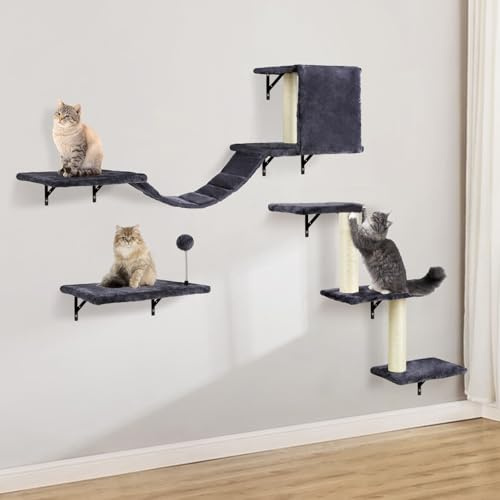 Katzen kletterwand Set mit Katzenbaum Hängematte,Katzenhöhle Wand,Katzenbrücke,Kratzbrett und Kratzbaum - 4-Teiliges Holz Katzenmöbel für Katzen Catwalk (Rauchgrau)