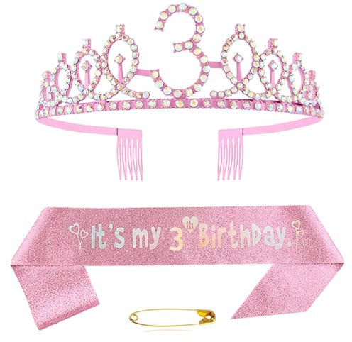 3ème anniversaire écharpe et diadème couronne rose cristal ensemble couronne d'anniversaire rose écharpe décoration d'anniversaire couronne pour filles femmes accessoires de fête d'anniversaire