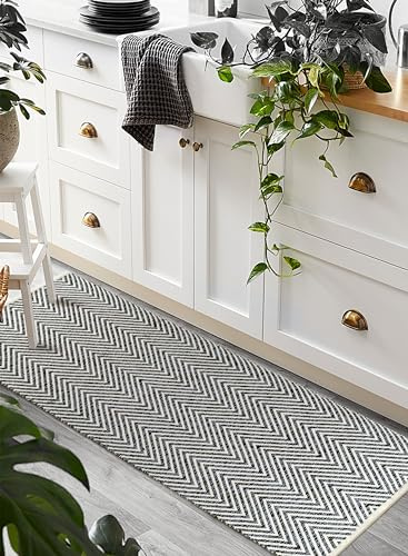 Cotton Chevron Hand Woven Area Runner Rug 2x6 Feet - Charcoal, Farmhouse Decorative Floor Runners Ideal for Hallways, Kitchen, Bedroom | Nursery Durable Geometric Reversible Living Space Patio Mats