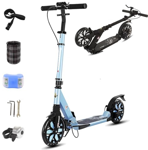 GHBXJX Klappbarer Kickscooter, Höhenverstellbarer Scooter Kinder und Erwachsene bis 130kg, Leichter Kinderroller ab 8 Jahren, LED 200mm Räder, Cityroller, Aluminium Scooter ABEC 9,Blau