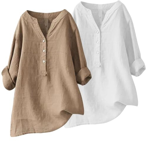 flintronic Musselin Bluse Damen, Damen Leinenbluse, Leinenbluse Damen Sommer Langarm