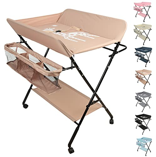 OHMG Table à Langer Pliante avec Panier de Rangement,Table à Langer Portable,avec Ceinture de sécurité et roues,Réglable en hauteur,Table à Langer Chambre Bébé en Fer (A-Rose pâle)