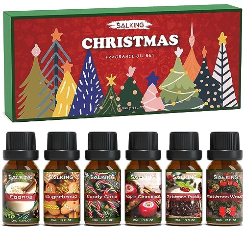 SALKING Oli Essenziali Natale per Diffusori 6x10ml, Set di Olio Essenziale Puri per Aromaterapia - Ghirlanda di Natale, mela alla cannella, pan di zenzero, bastoncini di zucchero, budino, zabaione