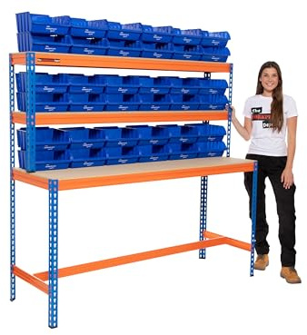 The Workplace Depot Industrial Workbench with Storage Bins, Heavy Duty 400kg UDL Blue/Orange Workstation with MDF Shelves (with x40 Large Blue Bins)