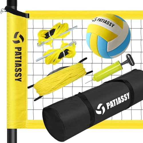 Patiassy 9.75M*0.9M Filet de Volleyball Professionnel en Plein air, Jardin avec poteaux en Acier à Hauteur réglable, Filet en Nylon Solide, Ballon de Volleyball en PU et Sac de Transport (Jeune)