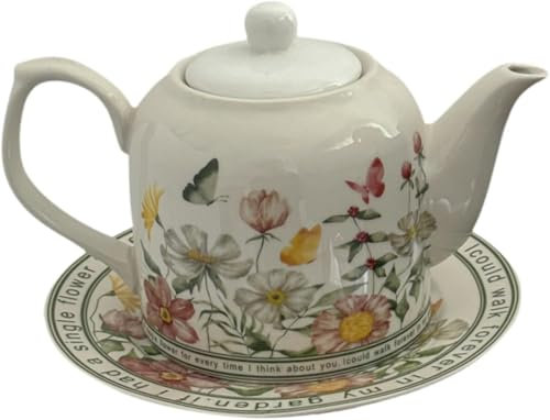 RRMMAN Tetera Floral Con Platillo, Hervidor de Agua, Jarra de Leche y Café de Porcelana Para Té de la Tarde