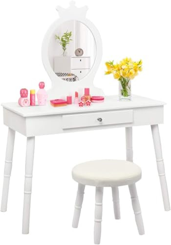 FANTASK Tavolo da toeletta 2 in 1 per bambini, tavolo da toeletta e scrivania con specchio rimovibile e sgabello da principessa, colore bianco, per ragazze