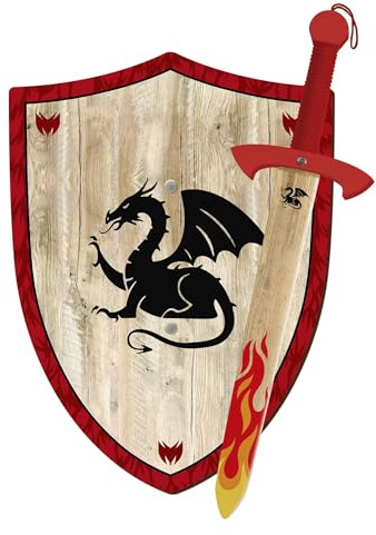 Ritter oder Drache Schwert und Schild aus Holz, Handgefertigtes - Spielzeug für Jungen, Mädchen, Kinder - Ergänzung für Spiele, Imitationsspiele, Kostüme, Mittelalter Krieger Mottoparty (Drachen)