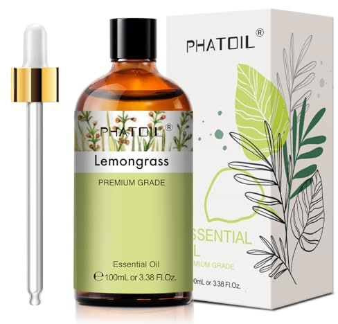 Lemongrass Essential Oil 100ML, PHATOIL Natural and Pure Lemongrass Oils with Glass Dropper for Home Aromatherapy, Skin Hair Care, Diffuser, DIY Soap Candle Making