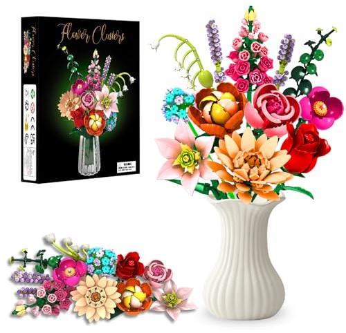 Flower Clusters - Bouquet de fleurs éternelles - 762 pièces - Avec hibiscus, rose, lys, lavande et plus - Kit de décoration DIY pour le salon, Noël, blocs de construction pour adultes et enfants à