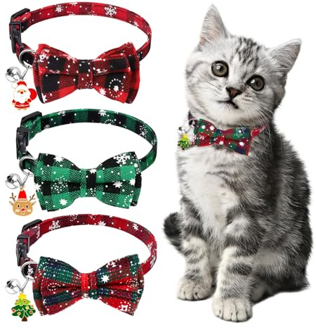 3 collari natalizi per gatti e cani, collari natalizi con fiocchi di neve e papillon, collaris natalizi con campanellino e chiusura di sicurezza rapida, costumi per gatti e cagnolini