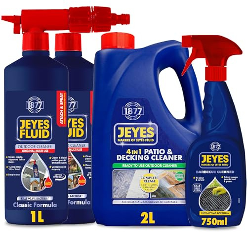 Jeyes Garden Essentials Bundle – Patio & Decking Cleaner 2L, BBQ Cleaner 750ml, Jeyes Fluid Attach & Spray 2 x 1L – Complete Outdoor Cleaning Kit for Patios, Decking, BBQs & More