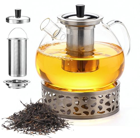 1 500 ml tekanna med värmare, tekanna med sil och lock, glas tebryggare med avtagbar silinsats, värmebeständig glaskanna för lösa teer fruktte doftande te blomma te (silver)
