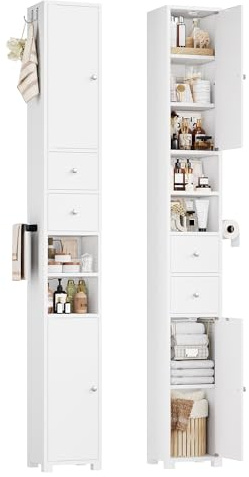 FOREHILL 181.5cm Armario Alto de Baño Armario Baño Columna Mueble Baño Estrecho, con 2 Puertas, 2 Cajones, 2 Compartimentos Abiertos, Estantes Ajustables para Espacios Pequeños Blanco, 20x20x181.5 cm