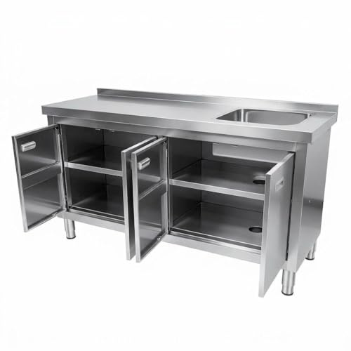 63 Stainless Steel Utility Sink with Cabinet – Freestanding Commercial Prep Table with Deep Basin and 4-Door Storage, Heavy Duty Workstation for Laundry Room, Garage, Outdoor Kitchen