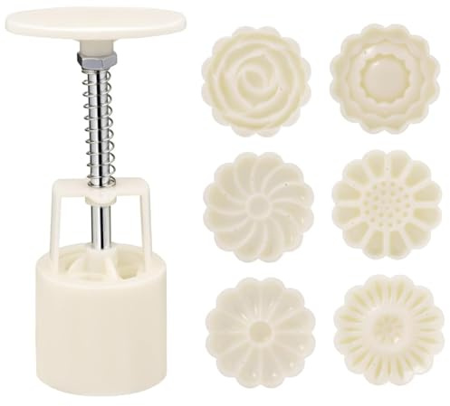 Mooncake Mold, Plastic Moon Cake Mold Press with 6 Flower Cookie Stamps, Easy Demolding, Easy to Clean Cookie Press for Kitchen, Moon Cake