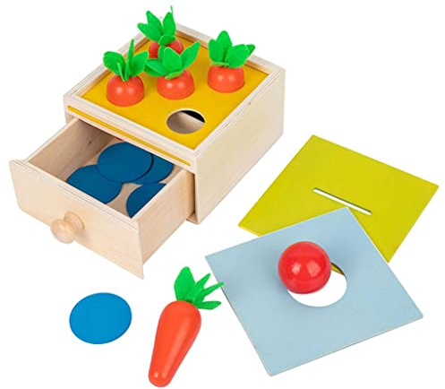 TTETTZ 32 Piezas Juguete de Madera Rompecabezas Frutas Granja Bloques Encastres Reconocimiento de Colores Función Sensorial Adecuado para, Madera Natural, Caja de Inteligencia 3 en 1