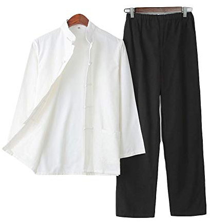 G-LIKE Herren Anzug Chinesischer Stil - Traditionelle Kampfkunst Kung Fu Tai Chi Wushu Klassisch Tangzhuang Langärmelig Hemd Hose Training Uniform Frühling Herbst Freizeit Kleidung (Weiβ&Schwarz, S)
