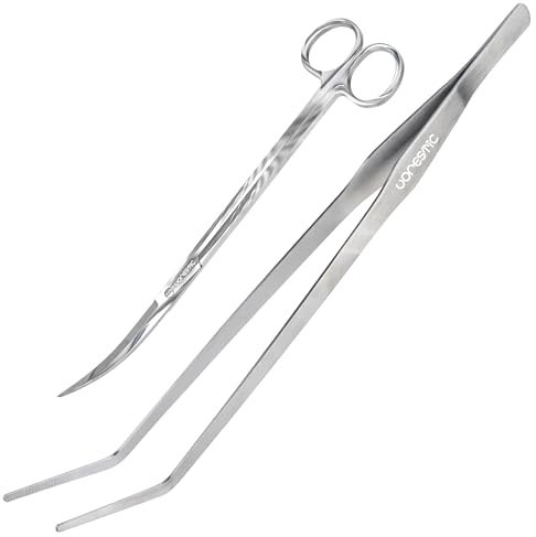 VORESTIC 2PCS 15 Curved Aquarium Tweezers Long and 9.8 Aquarium Scissors, Feeding Tongs and Scissors with Protective Cap, Stainless Steel Aquascaping Tools for Plant Trimming and Reptile Feeding