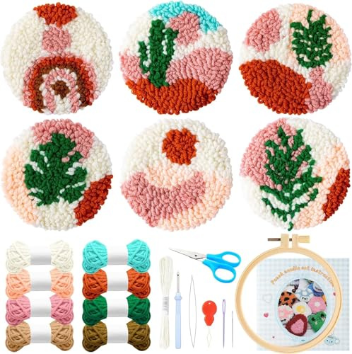 WATINC 22PCS Boho Craft Punch Needle Coaster Kit, Cute DIY Craft Embroidery Kit for Beginner REasy Felt Yarns Embroidery Coaster Art Crafts with Instruction Handmade Birthday Gifts for Boys Girls