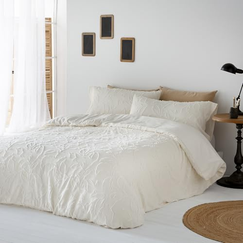 COTTON ARTean Funda Nórdica Cama 150 LITO Jacquard en Microfibra Funda de edredón para 240x220 cm + 2 Fundas de Almohada Beige Natural Cierre con Botones