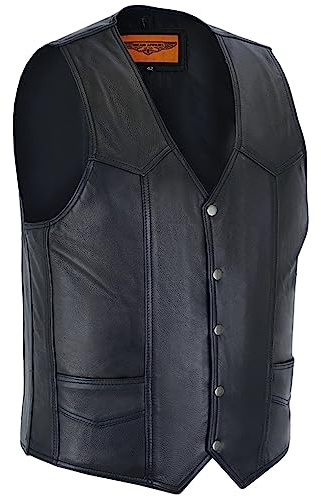 Dream Apparel Mens Leather Motorcycle Vest for Riding, Biker Vest Black Club Vest with 6 Pockets, 5 Snap Front Cowhide Leather Vest