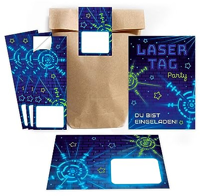 Minkocards 12 Invitation Cards for Children's Birthday Laser Tag Laser Tag Girls Boys Including 12 Envelopes, 12 Party Bags / Natural, 12 Stickers Invitation Set