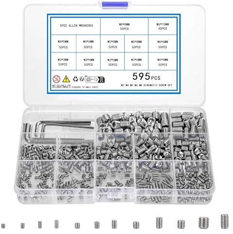 KOXXIAMOQ 595 Stück Metrische Madenschrauben Set, Innensechskant Gewindestifte Schrauben, Sechskantkopf Schrauben Befestigungsteile Kits für Türgriffe, mit 6 Schraubenschlüssel,M3 M4 M5 M6 M8 (595)