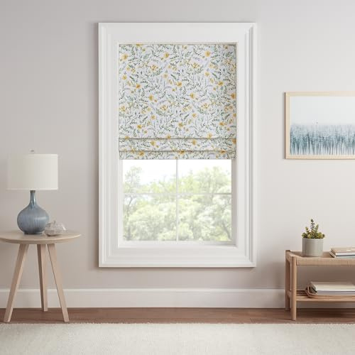 Eclipse Evangeline Botanical Roman Shade for Windows, Cordless 100% Blackout Shade, 27 in Wide x 64 in Long, Noise Reducing, Energy Efficient, Woven Design Window Shade for Any Room, Aloe