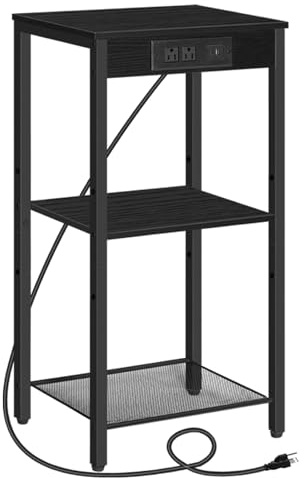 HOOBRO Tall End Table with Charging Station, 30 Inch Tall Nightstand, 3-Tier Small Side Table with Adjustable Shelf, for Living Room, Bedroom, Hallway, Black BB09UDH01G1