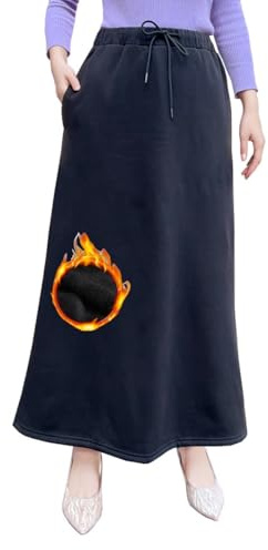 Gonna invernale da donna, lunga, in lana, vintage, elegante, calda, con tasche, per autunno e vita elasticizzata, linea ad A, gonne gonna lunga, Nero , L