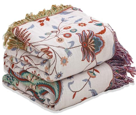 Wotcsil Manta Sofa de Algodón para Cama Colcha Sofa Floral Boho Plaid Manta Foulard Multiusos Jarapas para Sofas Cubrecama Verano Inverno (Verde Beige con Borlas, 200x230cm)