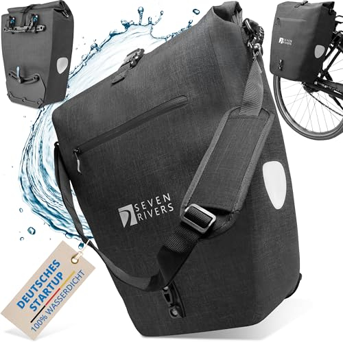SEVENRIVERS® 2in1 Fahrradtasche inkl. extra Laptopfach [Neuheit 2024] 100% Wasserdicht – Gepäckträgertasche für Fahrrad inkl. Schultergurt (max. 28L) - Anthrazit