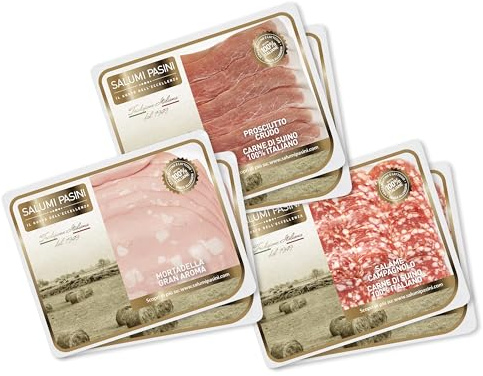 Mix Apéritif Salumi Pasini® | 6 Barquettes de Charcuteries Tranchées Mixtes | Salami Campagnolo, Mortadelle, Jambon Cru | Prêtes à déguster
