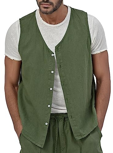 WAZHAKU Leinenweste Herren Sommer Leinen Anzug Weste Casual Weste Sommer Slim Fit Weste Leinen Anzug Weste V-Ausschnitt Weste für Hochzeit Smoking Sommer Strand Abschlussball Weste