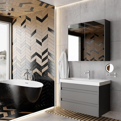 KAREN banyo Badezimmermöbel Set Lara 80 Anthrazit | Keramikwaschbecken | Unterschrank | Spiegelschrank | Softclose-Schubladen & -Türen & unsichtbare Griffe | Moderner Stil | Badmöbel Waschtisch