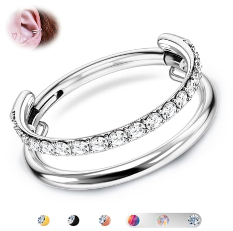 BodyBonita G23 Titane Cartilage Piercing Boucle Clicker 16G CZ Double Septum Anneaux Conch Piercing Bijoux Tragus Daith Helix Boucles d'oreilles Anneaux de Nez Créoles pour Femmes Argentée 12mm