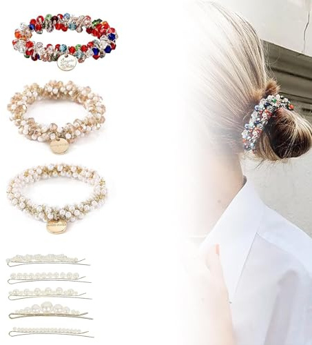 GVSS - Lote de 3 gomas elásticas para el cabello, perlas de imitación, para mujeres y niñas, bandas elásticas para el cabello con cuentas, accesorios elegantes para cola de caballo y peinados