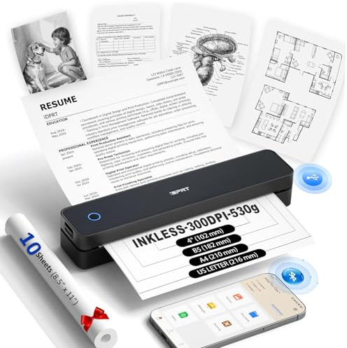 Inkless Portable Printer for Travel, Wireless Thermal Printer Supports 8.5 x 11 US Letter, A4, MT610Pro 300DPI Small Bluetooth Printers Compatible with iOS Android Laptop for Home Office Car, Black