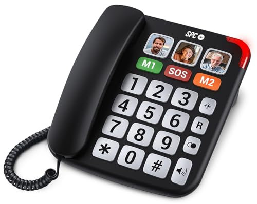 SPC Comfort Numbers Pro – Telefono fisso per anziani con tasti grandi e suoneria forte | Volume chiamata amplificabile +20dB | 6 memorie dirette, vivavoce | Compatibile con apparecchi acustici - Nero