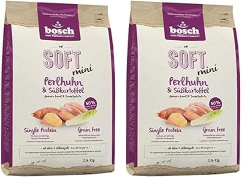 Bosch HPC Soft Mini Perlhuhn & Süßkartoffel | halbfeuchtes Hundefutter für ausgewachsene Hunde Kleiner Rassen | Single Protein | Grain-Free | 1 x 2.5 kg (Packung mit 2)