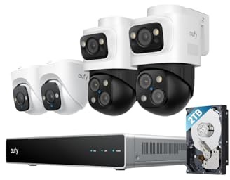 eufy PoE NVR Security System S4, 2× Bullet-PTZ-Kameras, 2X Turrent-Kameras, 360° PTZ, KI Auto-Framing & Tracking, smarte Videosuche, Farbnachtsicht, Stroboskop, Plug & Play, 24/7 Aufnahme, 2TB HDD