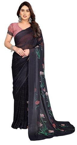 ETHNICMODE Indian Saree For Women Printed Georgette Light Weight Jari Party Wear Black Sari With Unstitched Red Blouse Piece-1184